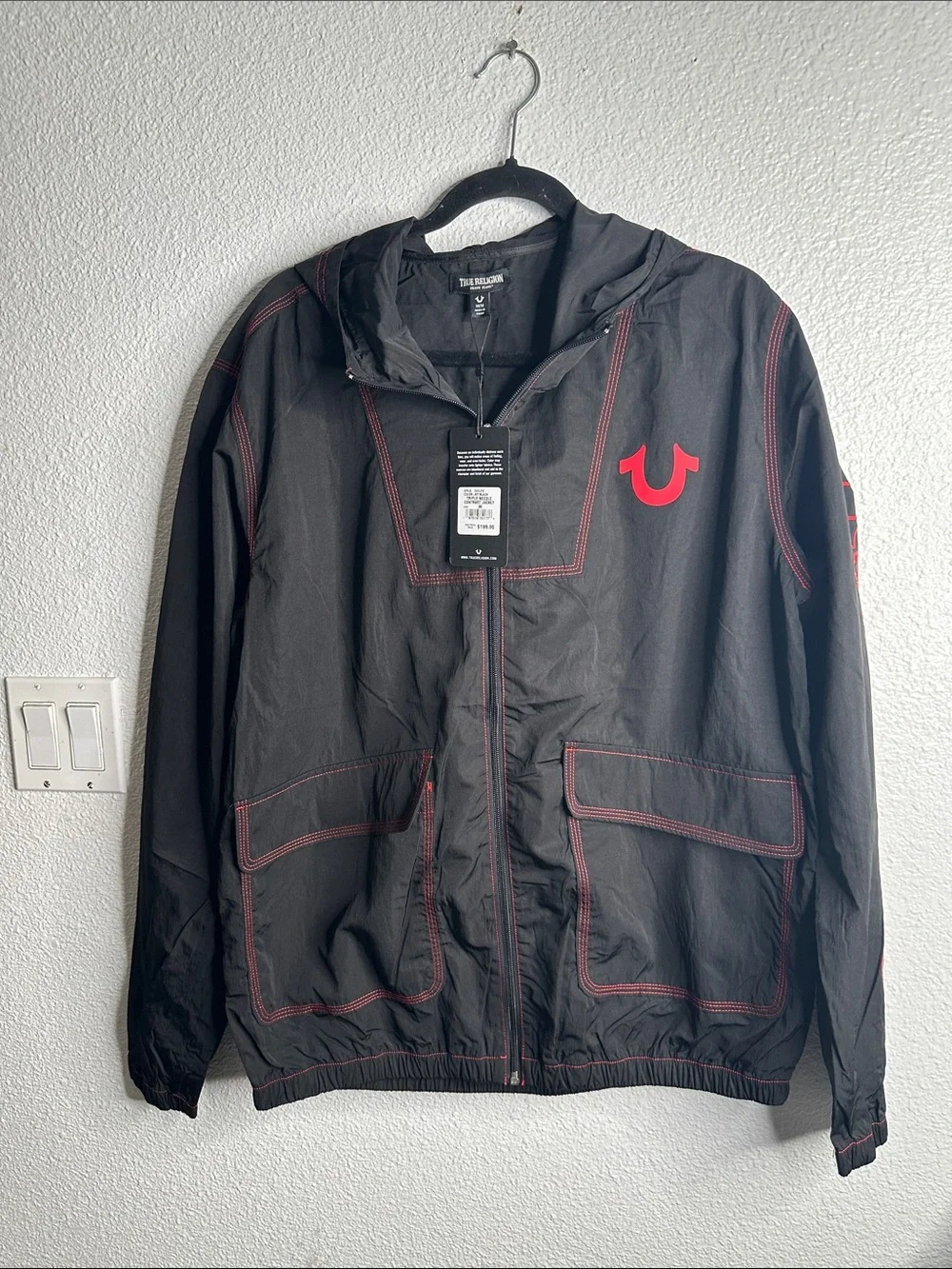 True Religion Black Hooded Windbreaker with Red Accents size M new